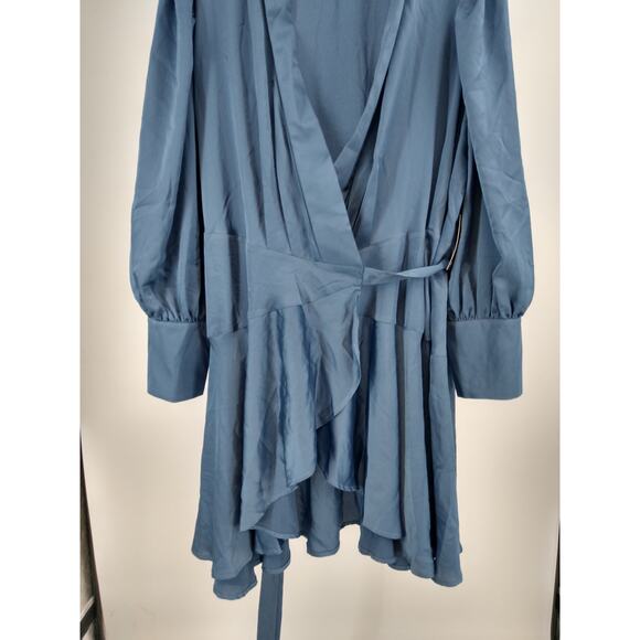 Eloquii Dress Plus 24 Mini Satin Wrap Puff Sleeve Ruffle Tie Waist Blue NWT - Picture 7 of 10